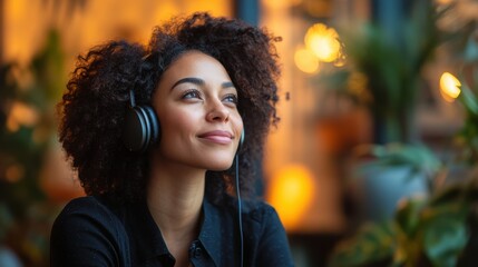 Businesswoman seated comfortably with a headset, discussing the challenges of leadership on a podcast interview.