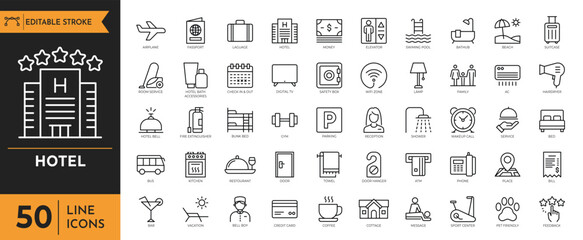 Hotel icon set. Containing room, service, booking, facilities and more. Vector illustration. editable stroke © twenty-icons