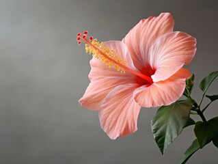 Peach hibiscus flower with leaves