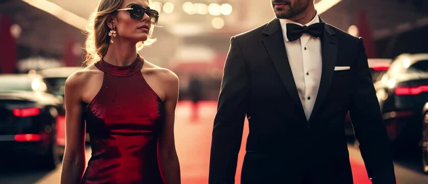 Celebrity Couple Strutting Down Red Carpet at Prestigious Event. Glamorous Man and Woman Arriving in Style, Luxury Fashion, VIP Gala. 4K Video Footage. 