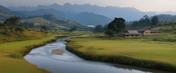 River flows past farmhouses under mountains, trees, and grass