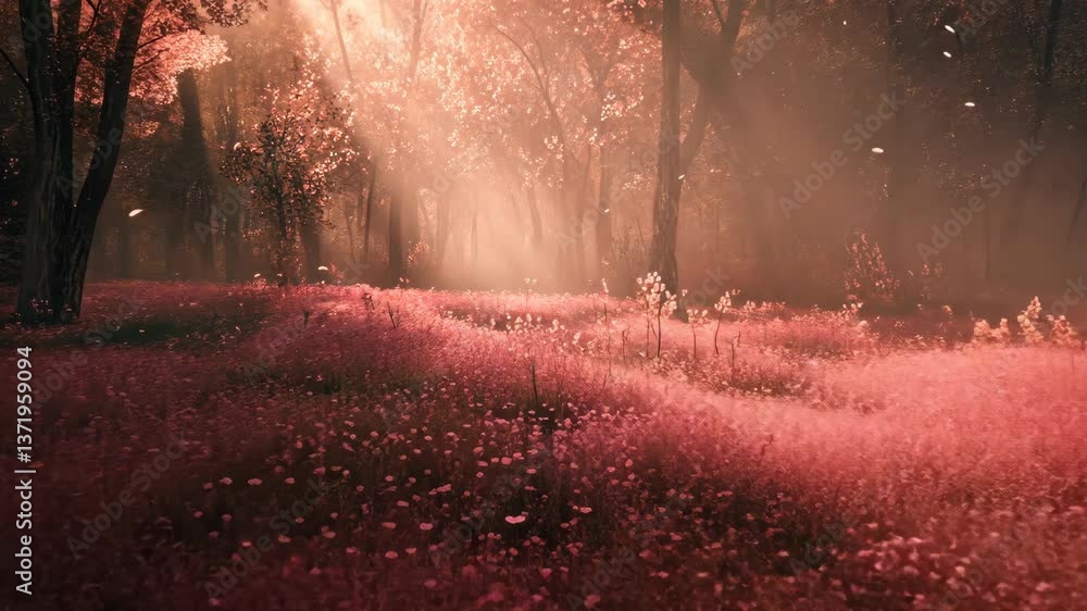 Poster sunlight filters through trees in a magical pink flower field during twilight hours
