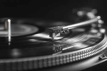 Close-up of a vinyl record spinning on a turntable in a dimly lit setting.