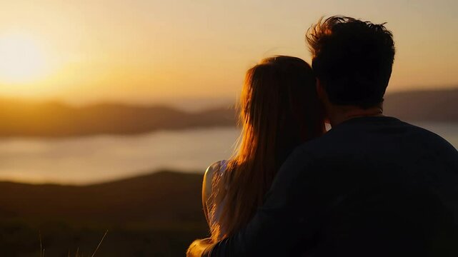 A cinematic slow-motion shot of a couple sitting closely together, enjoying a breathtaking sunset. The camera captures them from behind, slowly zooming in as they lean into each other