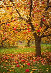 Apple tree in autumn colors showcasing vibrant red apples  