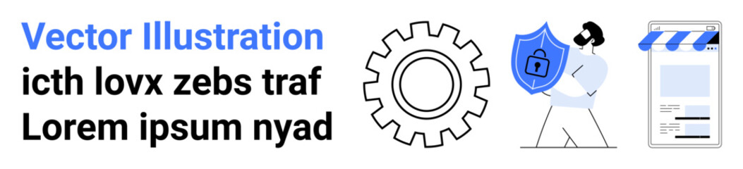 Man with shield and lock, gear symbol, and app storefront emphasizing security, technology, and e-commerce. Ideal for cybersecurity, software development, tech solutions, e-commerce online safety
