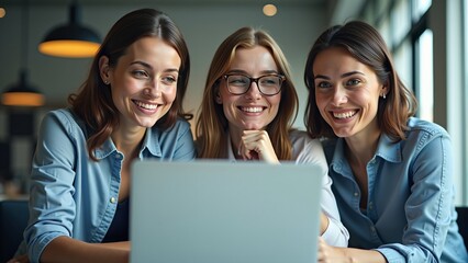 Three smiling women sitting together in front of a laptop, enjoying a moment of camaraderie and productivity.