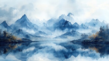 Misty mountain lake, serene reflection, autumnal forest, tranquil landscape