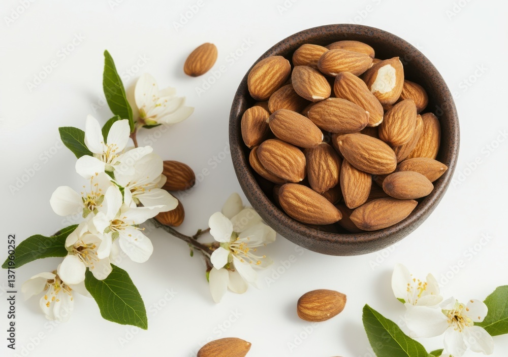 Poster almonds in bloom: a rustic bowl overflows with nutritious almonds, elegantly adorned with delicate b