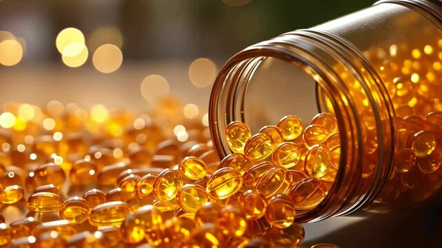 Amber capsules in shiny jar spill vibrant nutrition, creating shimmering scene that evokes health and abundance.