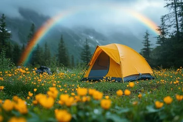 Fotobehang Camping under a Rainbow: A vibrant camping scene with a yellow tent nestled amidst a field of wildflowers, crowned by a majestic rainbow, set against a backdrop of misty mountains and evergreen trees. © Alena