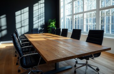 Modern empty boardroom with wooden table and black leather chairs, bathed in natural light from tall windows.