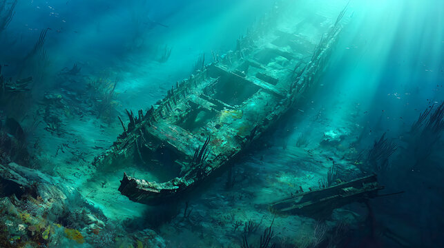 Enigmatic ship resting beneath the ocean surface surrounded by marine life with sunlight filtering through the clear water above.