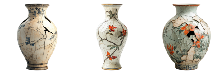 Old and broken ceramic chinoiseries vise isolated on transparent background. PNG , se of