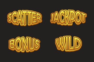 UI symbols set-WILD,Jackpot, Bonus and Scatter for casino or slots games. Golden icons for game asset
