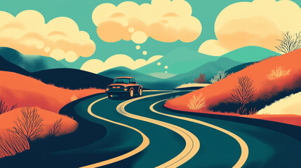 Fototapeta premium Illustration of a car driving down a colorful winding road