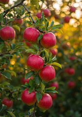 Red apples on apple tree under warm golden sunlight  