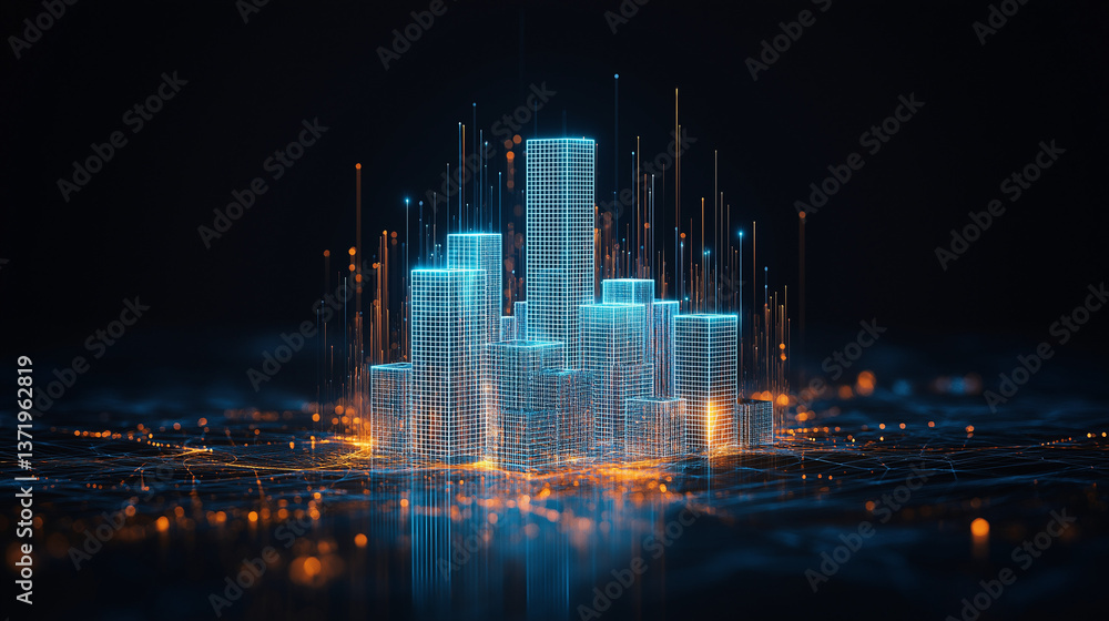 Poster digital cityscape: an abstract, futuristic cityscape pulses with energy, composed of glowing lines a