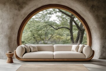 Fototapeta premium Living room featuring modern sofa with a natural window view