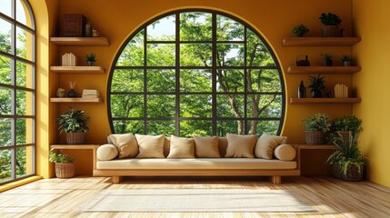 Fototapeta premium Living room boasts a stunning round window with nature view