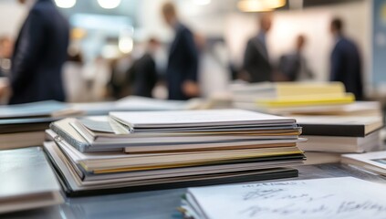 Stack of Documents Showcases Office Organization, Neat Paperwork Piles High, Representing Business Efficiency,  Impeccably Arranged Files.