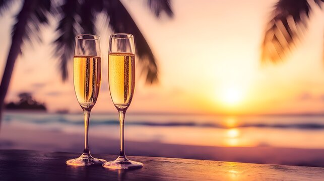 Champagne Toast at Sunset: Two champagne glasses raised in a celebratory toast on a tropical beach with a beautiful sunset. Evoking feelings of romance and leisure. - Powered by Adobe