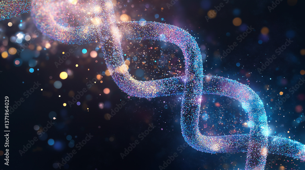 Poster dna helix: a vibrant and abstract representation of a dna helix, illuminated with sparkling particle