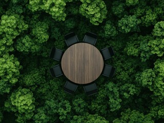 Conference table and chairs in forest