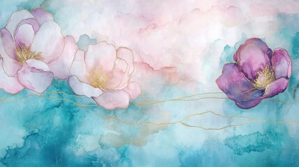 Delicate Flowers on Teal & Pink Watercolor