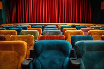 Obraz premium Colorful theater seats face a closed red curtain, creating a vibrant and inviting atmosphere for upcoming performances.