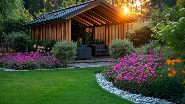 Summer garden retreat with blooming flowers and sunset glow near cozy outdoor shelter