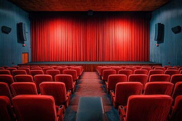Fototapeta premium Empty cinema hall with red seats and closed red curtains, creating an inviting and dramatic atmosphere.