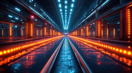 Fototapeta premium Futuristic tunnel walkway with vibrant neon lights, industrial setting
