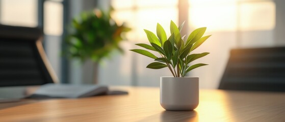Potted plant on wood desk