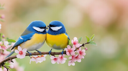 Obraz premium Lovebirds on a Floral Branch: Two vibrant blue and yellow birds share an intimate moment on a delicate flowering branch, surrounded by a soft, pastel-colored background.