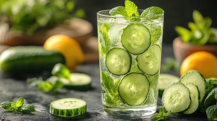 Cool Summer Drink with Cucumber and Mint in Outdoor Setting