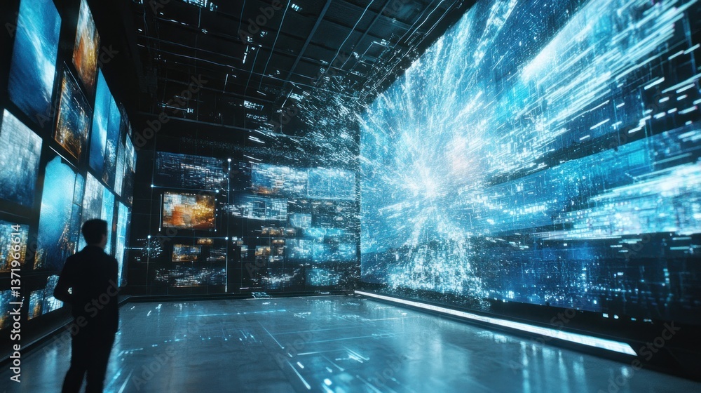 Poster immersive data environment featuring a figure observing complex visualizations