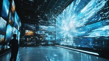 Immersive data environment featuring a figure observing complex visualizations