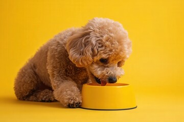 Curly-haired brown dog eating from a yellow bowl against a matching yellow background.