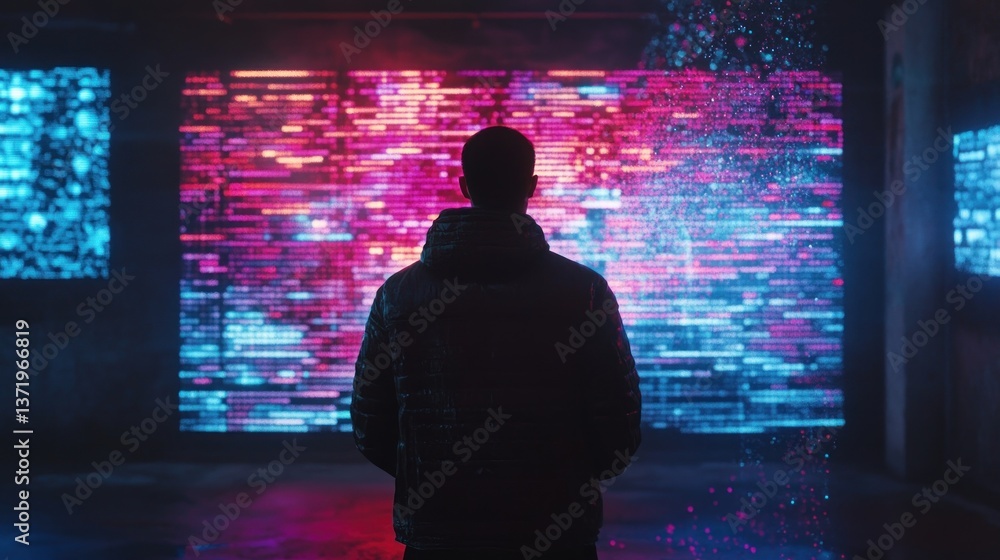 Poster man facing a wall of abstract colorful light patterns and digital noise