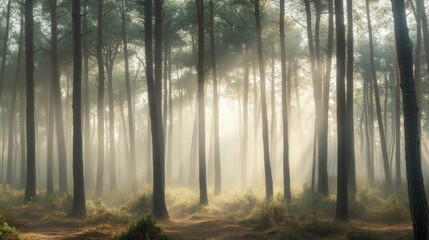 Ethereal Woodland: Sunbeams Through Foggy Forest Depicting Tranquility