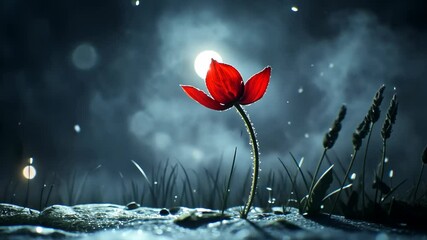 Vivid red flower stands alone in the misty landscape with soft light shining during twilight hours
