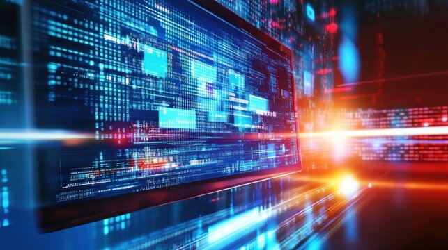Futuristic data flow visualization with digital screen and light streams