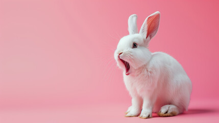 Obraz premium Rabbit with open mouth on pink background.
