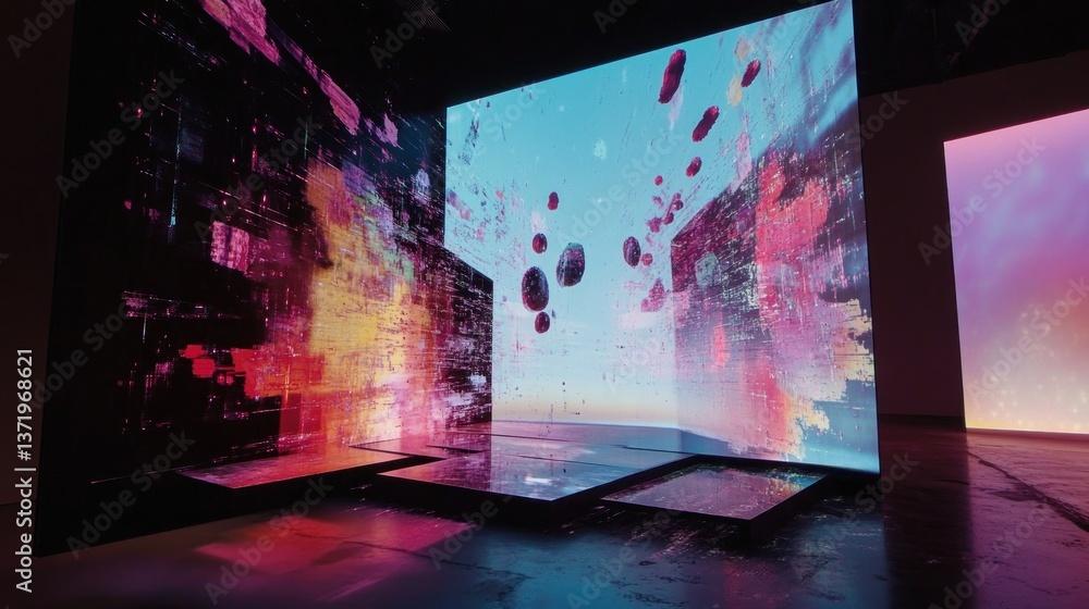Poster immersive digital art installation with abstract projections and dynamic reflections