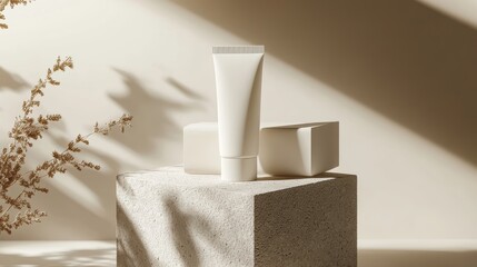 A soft white cream skincare tube and its elegant packaging box resting on a smooth stone surface, with a light beige background creating a sophisticated product mockup.