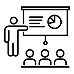  business presentation icon, symbolizing a group of audience listening to a presenter pointing at a screen displaying chart slides in a meeting room