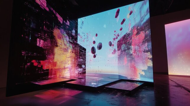 Immersive digital art installation with abstract projections and dynamic reflections