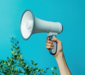 Hand holding a megaphone against a bright blue background with green plants.