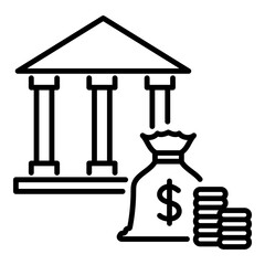 Micro-loan black round line vector icon with editable stroke, symbolizing small-scale financial support, featuring a bank with a money bag and coins